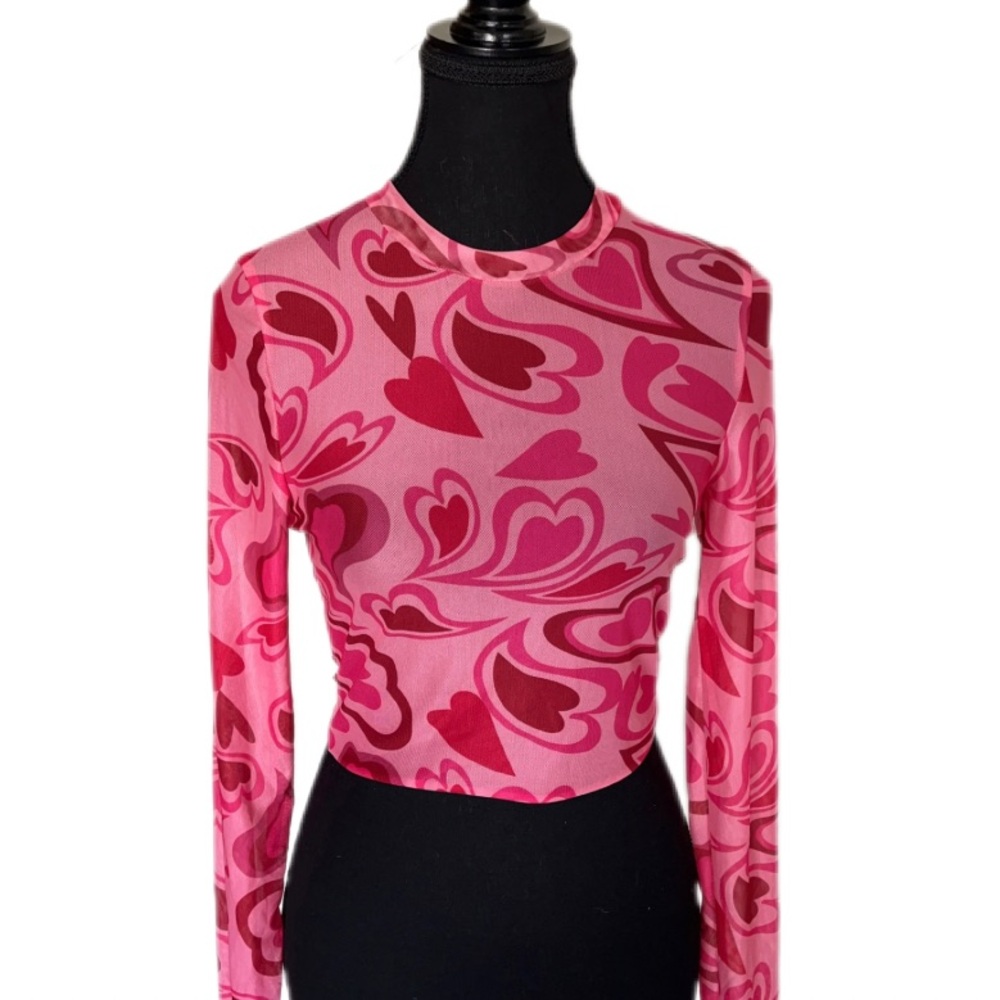 Pink and Red Patterned Long Sleeve Crop Top